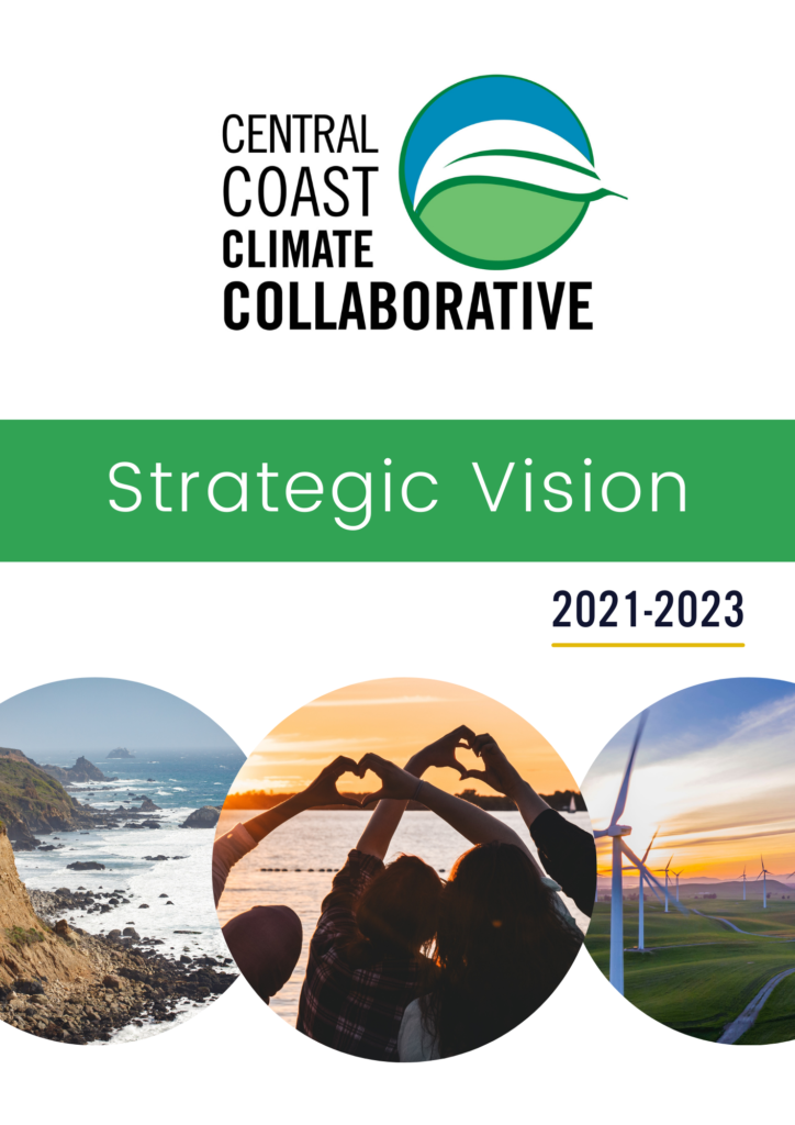 4C Logo over strategic vision with three circle images at bottom, one of the coastline, one of three people holding up hearts with their hands, and one of wind mills for renewable energy